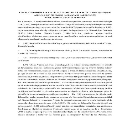Evolucion historica de la educacion especial en venezuela por