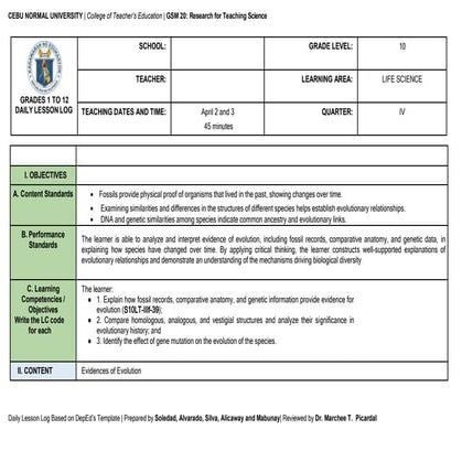 Semi Detailed Plan of Lesson in Teaching Biological Evolution | PDF