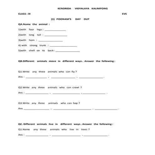 Evs 3, worksheet (2) , Poonam's  day  out.