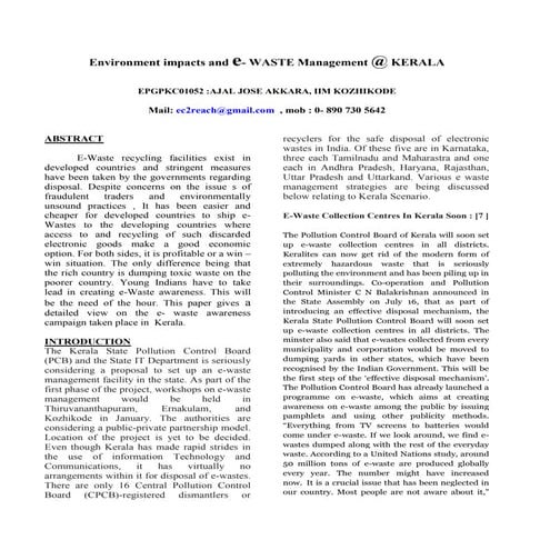 Environment impacts and e- WASTE Management @ KERALA  