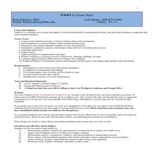 Ewrt 2 green sheet fall 2014