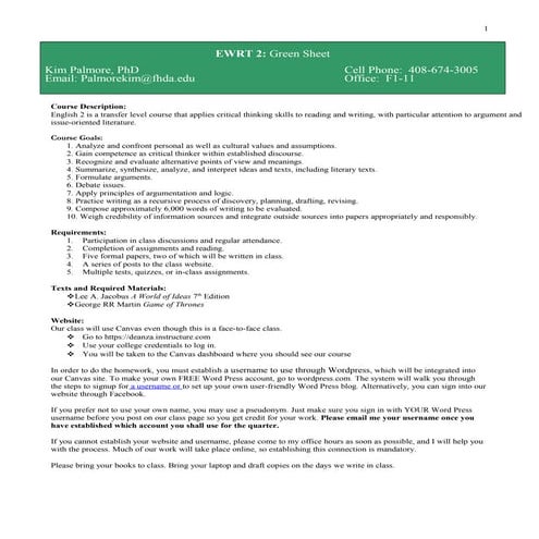 Ewrt 2 green sheet fall 2017