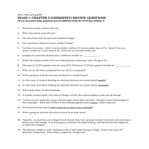 Exam 1 chapter 2 chemistry review questions