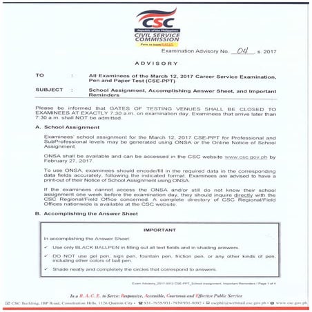 March 12, 2017 CSE-PPT Examinee's Guide - Exam Advisory 04,s2017