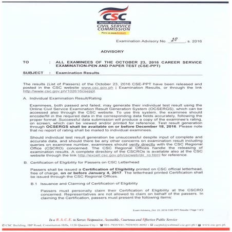 Exam advisory no20 s2016 (for all examinees in the Oct. 23, 2016 CSE-PPT)
