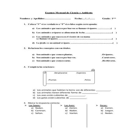 Examen mensual de ciencia y ambiente 1ero | DOCX