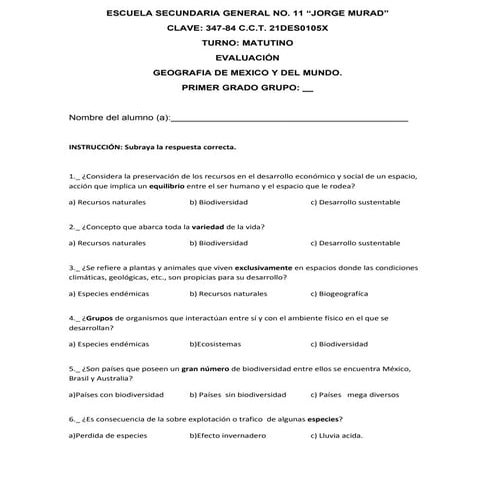 EXAMEN DE GEOGRAFIA CUARTO BIMESTRE | DOCX