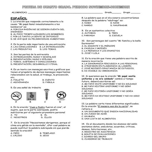 Examen  2do bimestre cuarto-grado