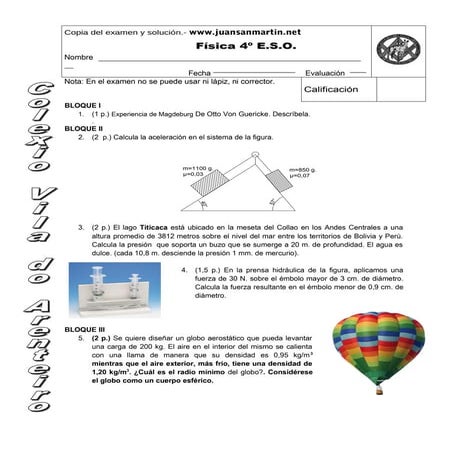 Examen 4º ESO Fluidos y Dinámica 26.2.2014