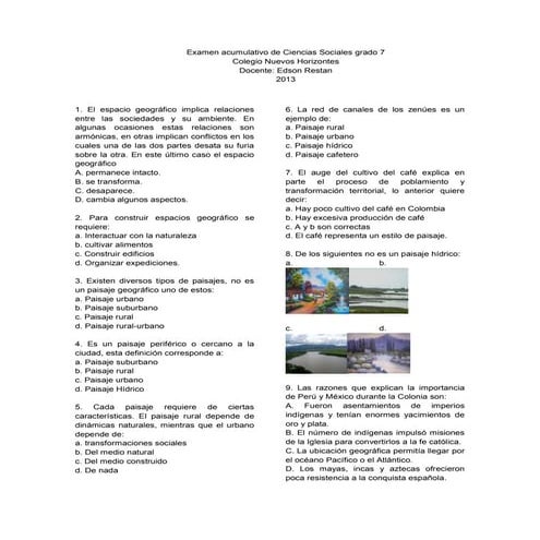 Examen acumulativo de ciencias sociales grado 7