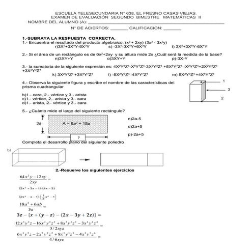 Examen de matemáticas segundo año bloque 2