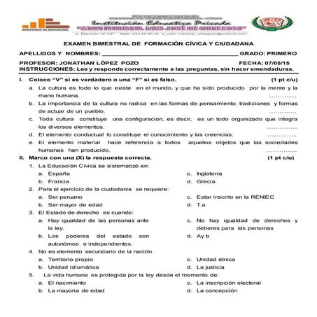 Examen bimestral de  formación cívica y ciudadana