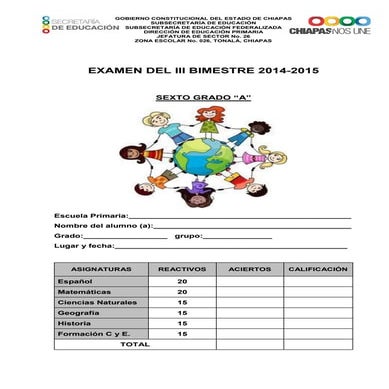 Examen bloque TRES sexto grado 2014 2015