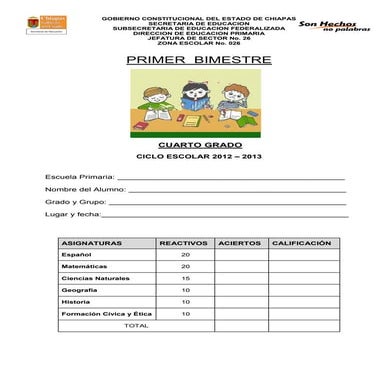 Examen  cuarto grado primer bimestre
