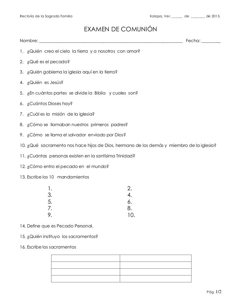 Examen de comunio y confirmacion