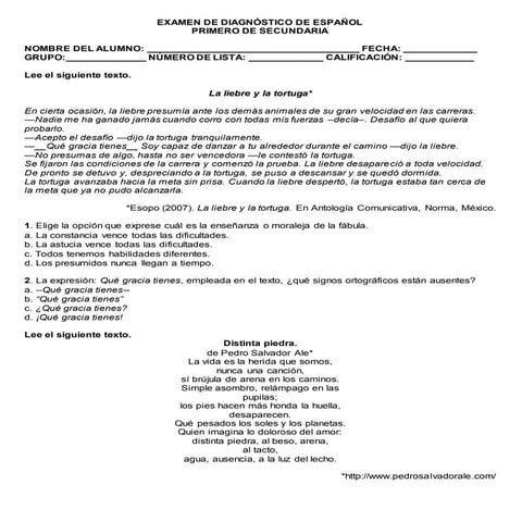 Examen de Diagnóstico de Español para Primero de Secundaria