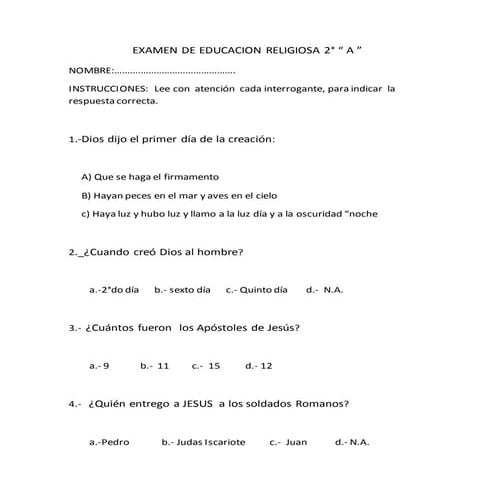 Examen de educación religiosa 2