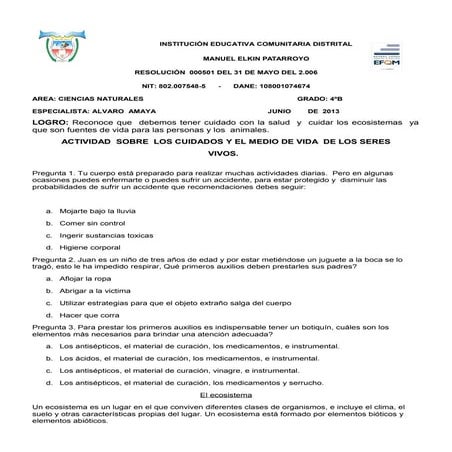 Examen de naturales prueba saber 4ºb