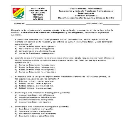 Examen de suma y resta de fracciones homogeneas y heterogeneas
