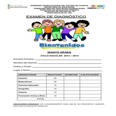 Examen diagnostico quinto grado