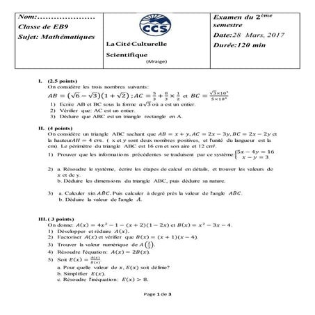 Examen du 2 semestre eb9 2017