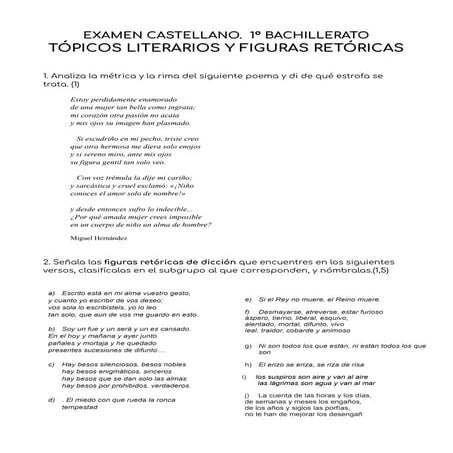 ECAMEN PRIMER TRIMESTRE PRIMERO DE BACHILERATO SOBRE TÓPICOS LITERARIOS Y FIG...