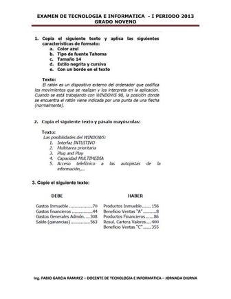 Examen Informática - Grado 9o - I Periodo