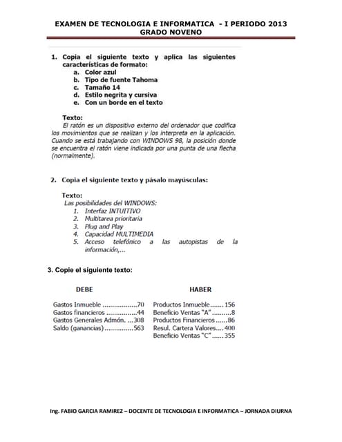Examen Informática - Grado 9o - I Periodo