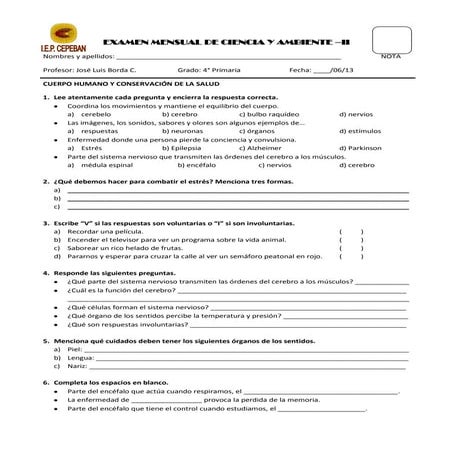 Examen mensual de ciencia y ambiente ii trimestre | DOCX