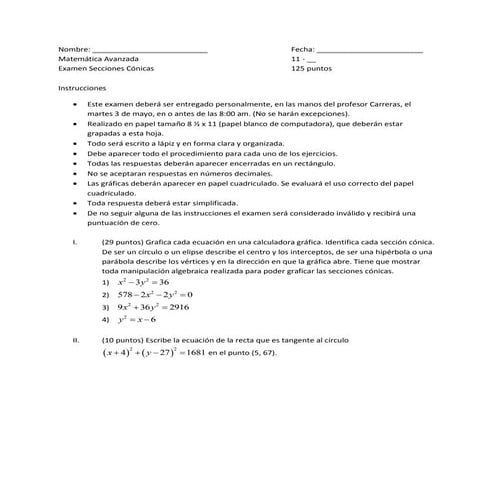 Examen Secciones Cónicas
