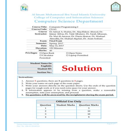 Examf cs-cs141-2-17 solution