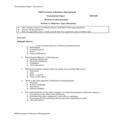 Examination paper business communication