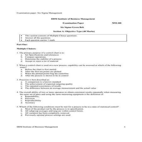 Examination paper six sigma green belt & six sigma black belt