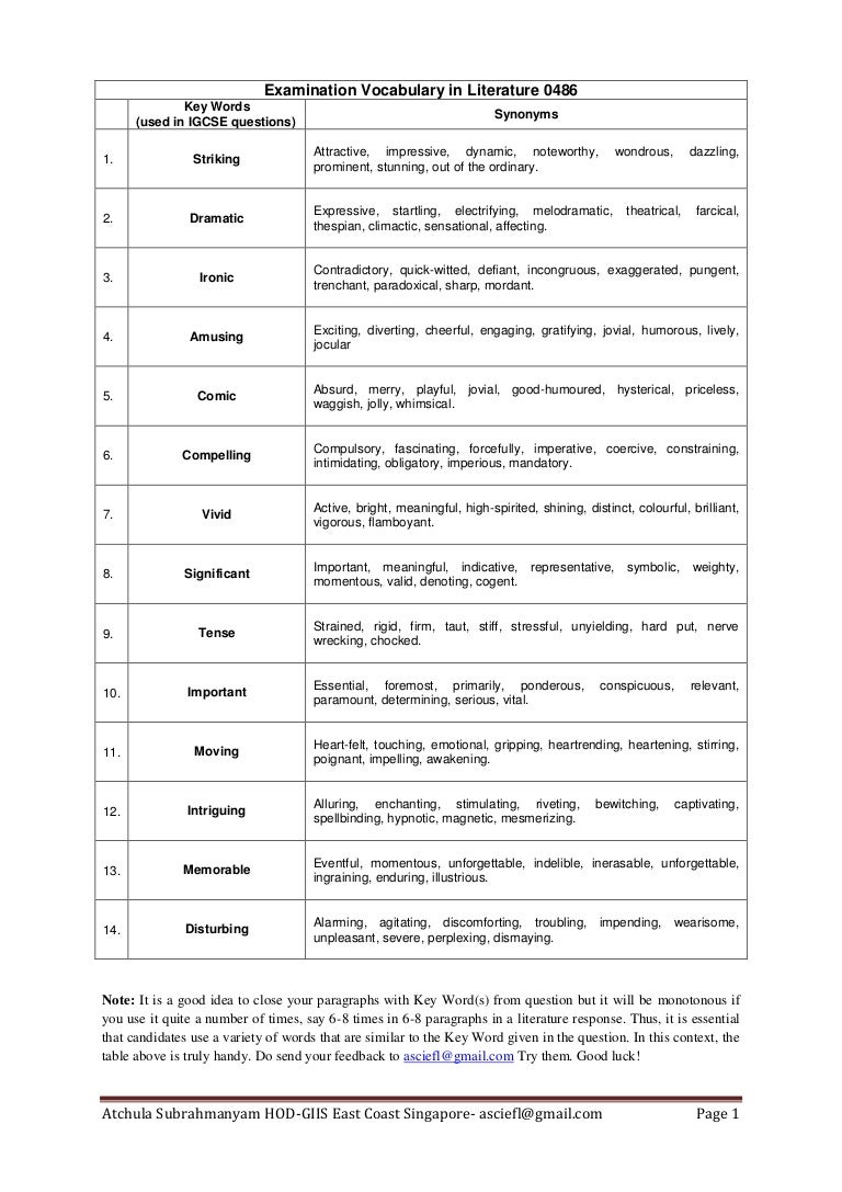 Examination vocabulary literature