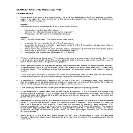 Examiner tips for ol mathematics