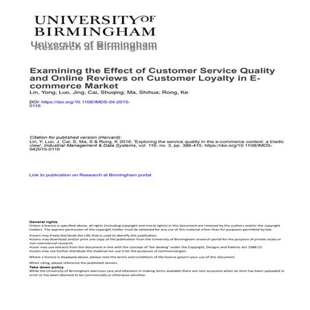 Examining the Effect of Customer Services Quality and Online Reviews in University of Birmingham