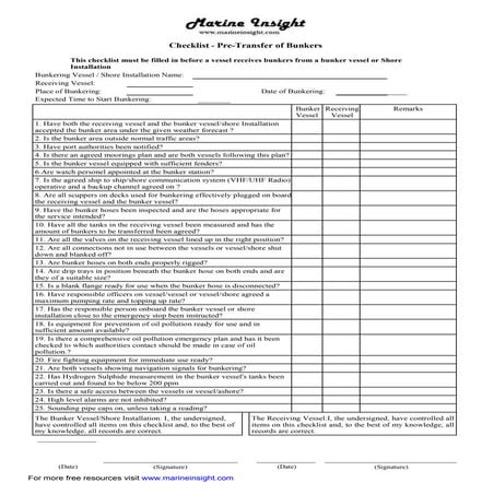 Example bunker checklist