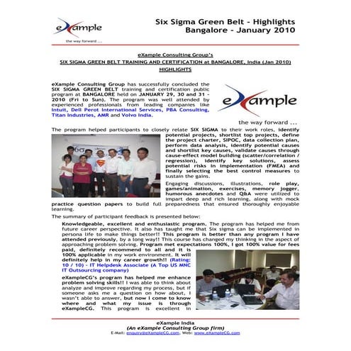 eXampleCG Six Sigma Green Belt At Bangalore   Jan 2010   Highlights