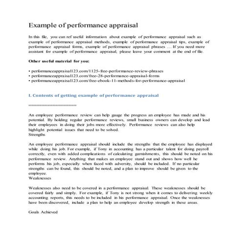 Example of performance appraisal