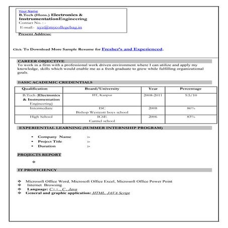 Example of resume writing for freshers