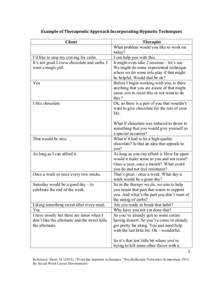 Example of therapeutic approach incorporating hypnotic techniques