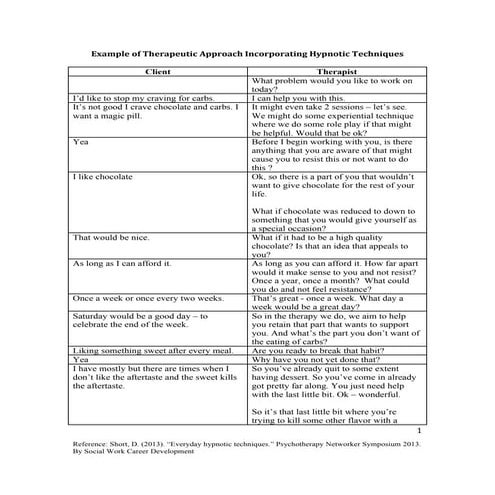Example of therapeutic approach incorporating hypnotic techniques
