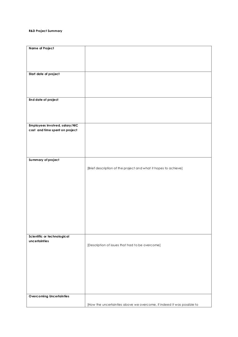 Example R&D project sheet