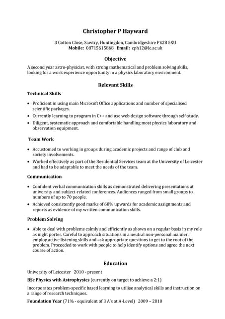 Example skills based CV