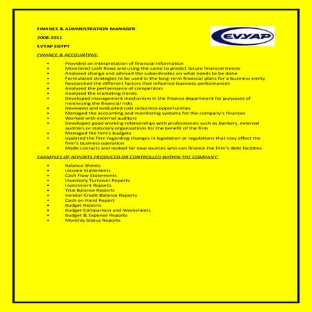 Examples of actual work performed in Evyap