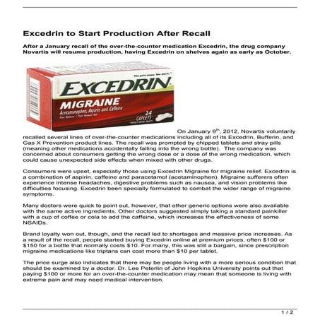 Excedrin to Start Production After Recall | PDF