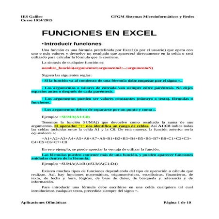 Fuciones en EXCEL (I)