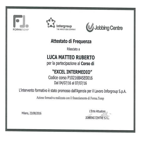 Attestato Frequenza Excel Livello Intermedio