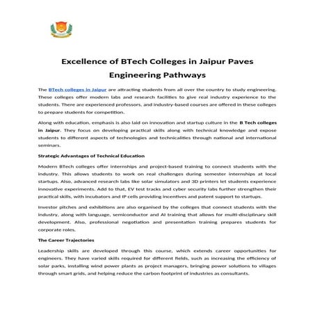 Excellence of BTech Colleges in Jaipur Paves Engineering Pathways.docx