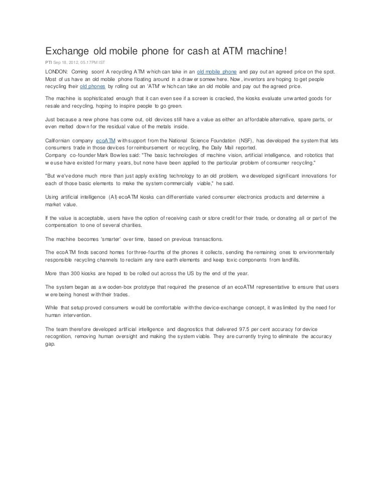 Exchange old mobile phone for cash at atm machine